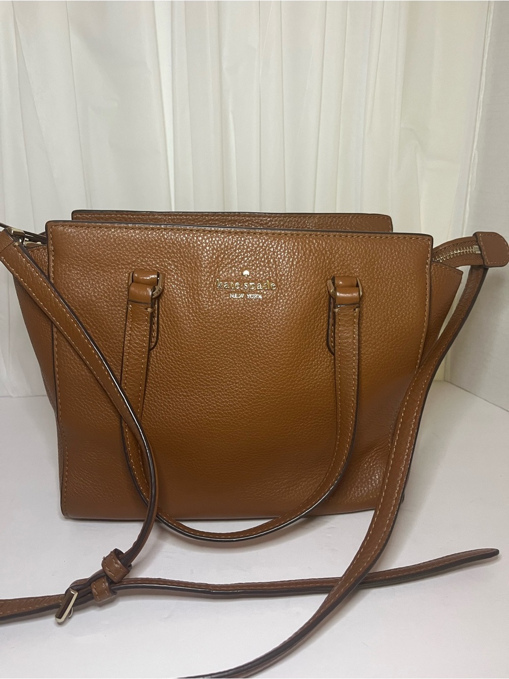 kate spade Tan Pebbled Leather Satchel with Gold Logo